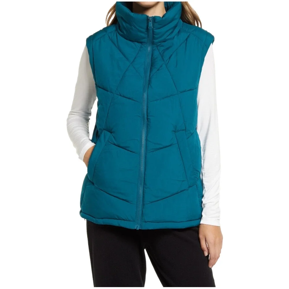 New Nordstrom Puffer Vest Womens XXS Stand Collar Quilted Zip Up Teal Ocean